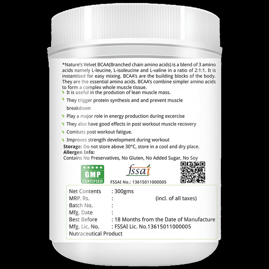 Natures Velvet Instantized BCAA 5000 mg Powder - Muscle Recovery & Buildup