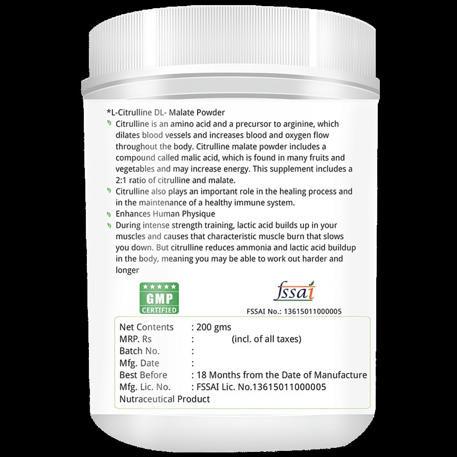 Natures Velvet L Citrulline DL Malate Powder - To Enhance Human Physique