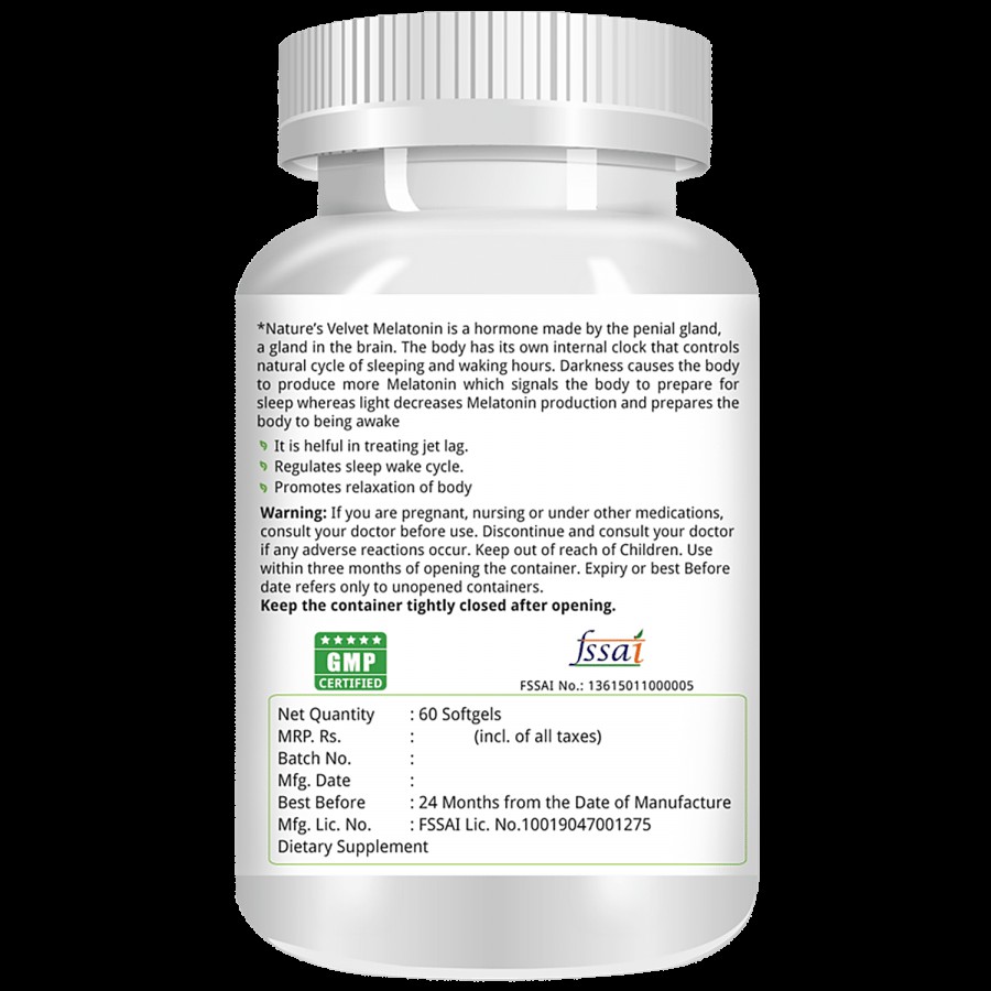 Natures Velvet Melatonin 5mg Softgels - Regulates Sleep Cycle