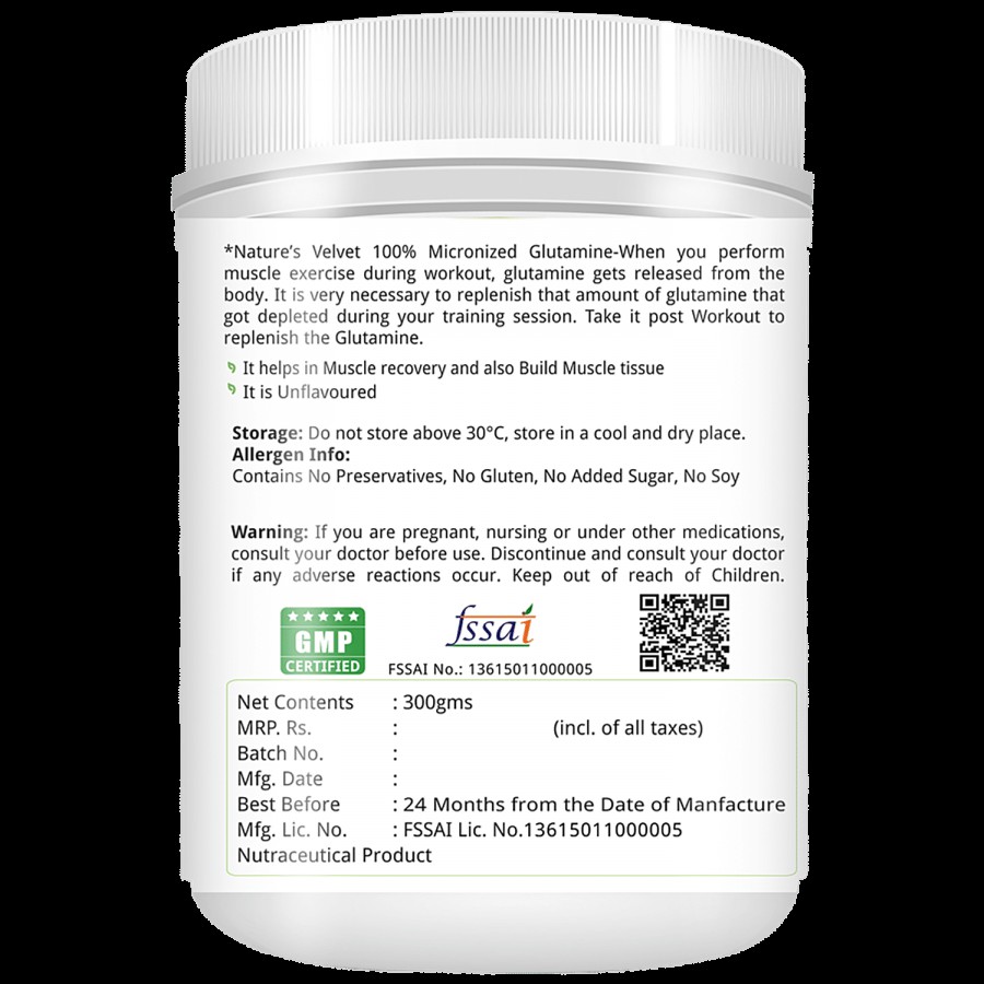 Natures Velvet Micronised Glutamine Monohydrate Powder - Muscle Recovery