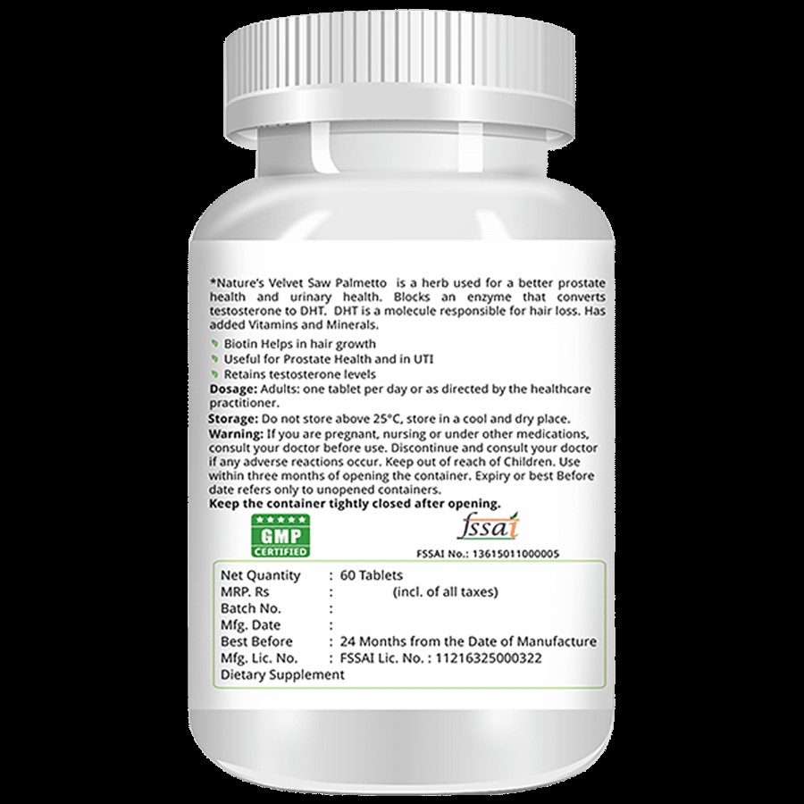 Natures Velvet Saw Palmetto Supplement Tablets -  Biotin & Vitamins