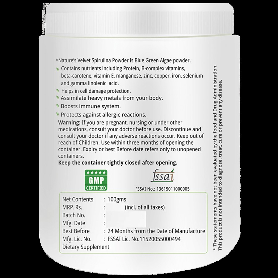 Natures Velvet Spirulina Powder - 100% Natural With Nutrients