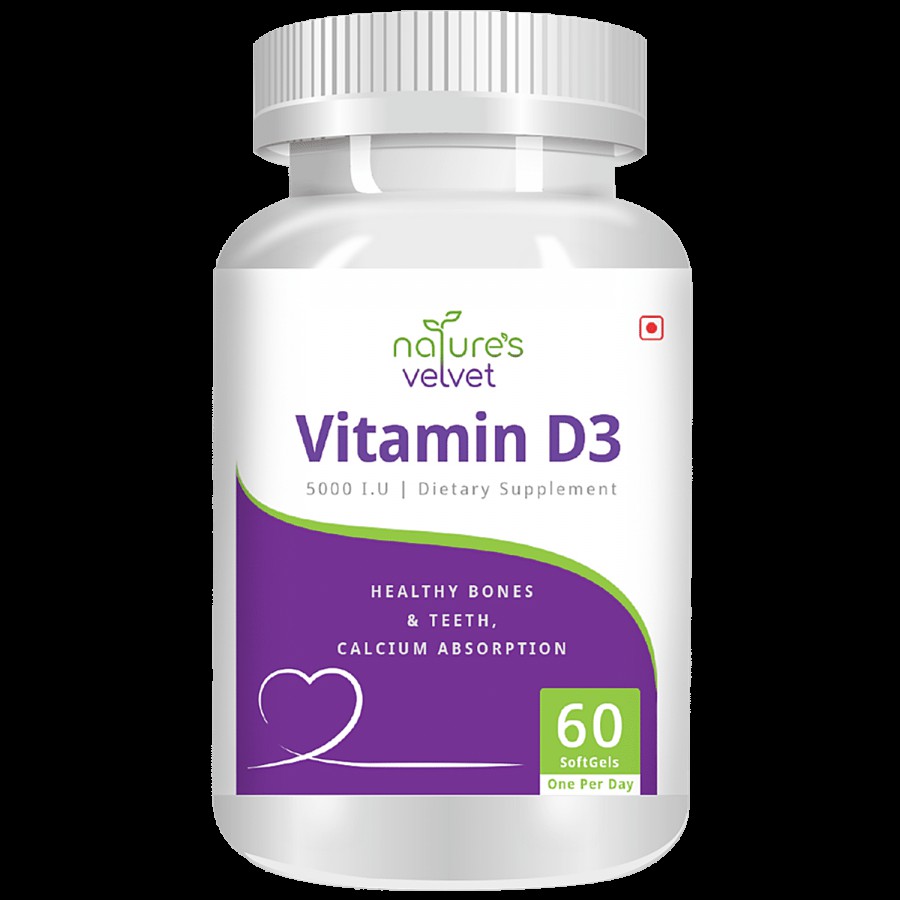 Natures Velvet Vitamin D-3 5000 I.U Softgels - For Bone & Teeth Health