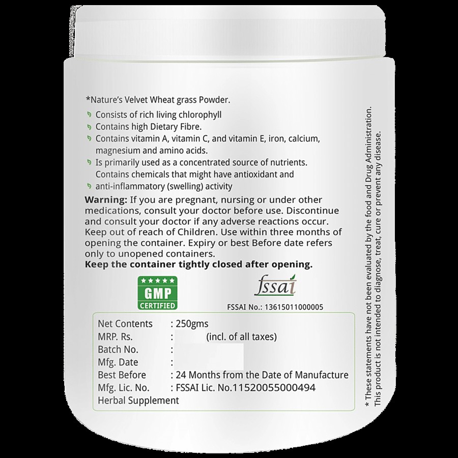 Natures Velvet Wheat Grass Herbal Powder - Rich In Chlorophhyll