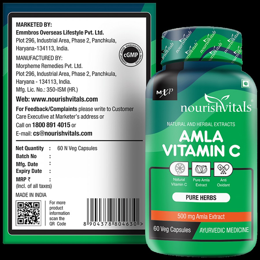 Nourishvitals Amla Vitamin C 500 mg Capsules - With Tannins > 25% Pure Herbs