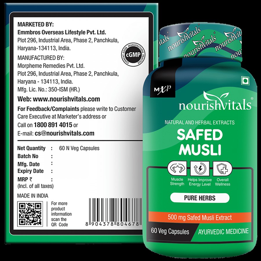 Nourishvitals Safed Musli 500 mg Capsules - With Saponins > 20% Pure Herbs