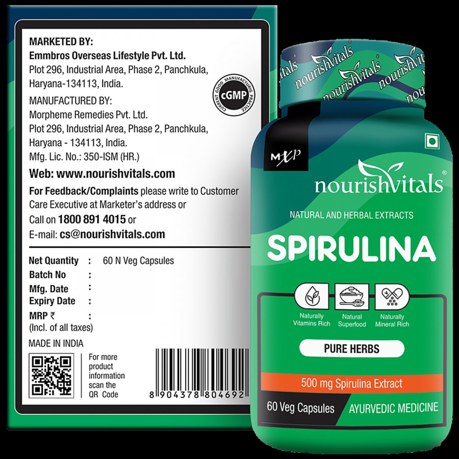 Nourishvitals Spirulina Pure Herbs 500 mg Capsules - Naturally Mineral & Vitamin Rich