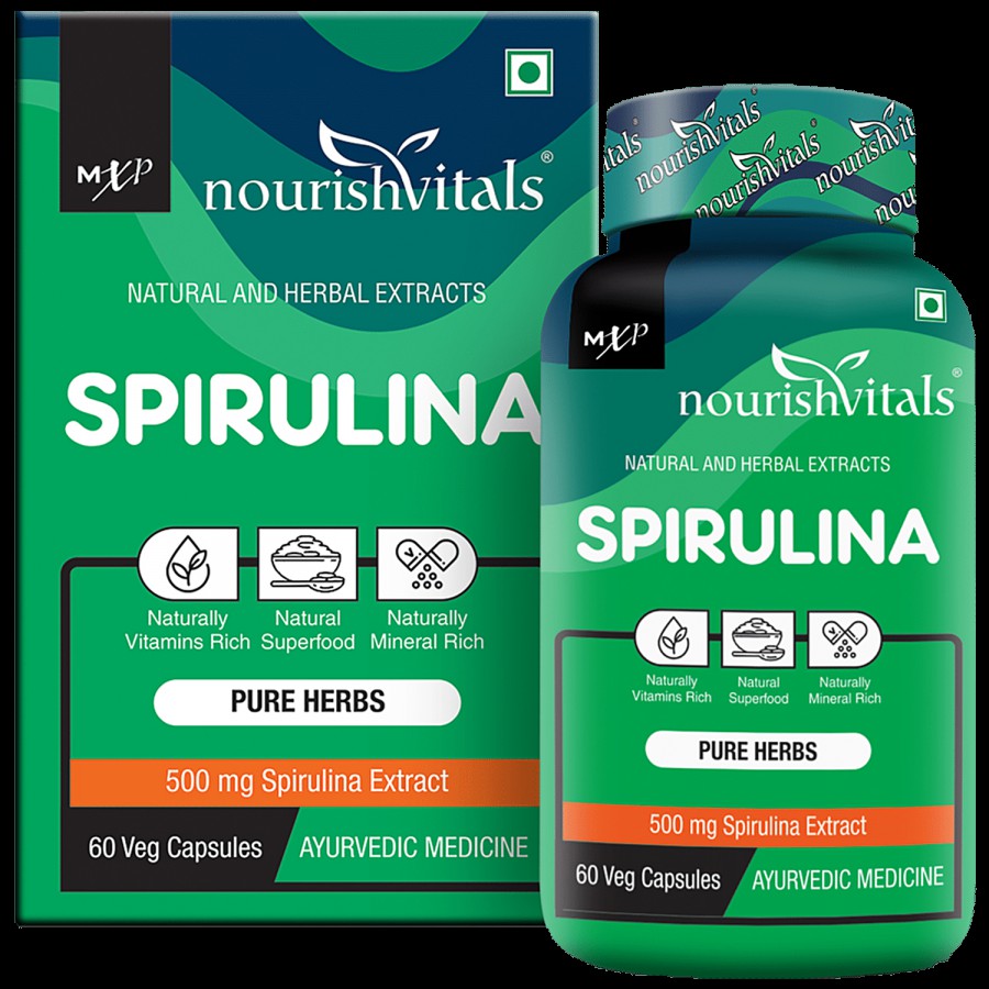 Nourishvitals Spirulina Pure Herbs 500 mg Capsules - Naturally Mineral & Vitamin Rich