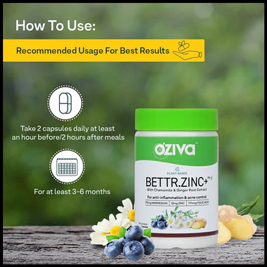 O'ZIVA Plant Based Bettr.Zinc+ Capsules - For Anti-Inflammation & Acne Control