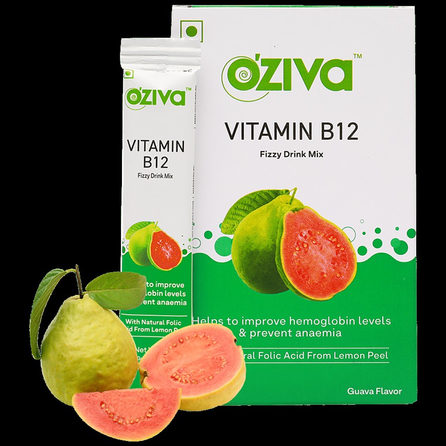 O'ZIVA Vitamin B12 Fizzy Drink Mix - 100% RDA of single Vitamin B12 With Natural Folic Acid From Lemon Peel For Better Haemoglobin Levels & Anaemia Prevention