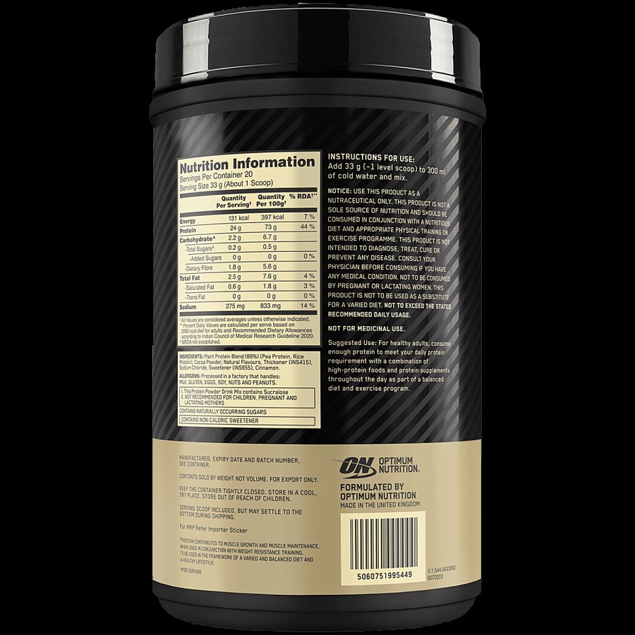 Optimum Nutrition Gold Standard 100% Plant-Based Protein Powder Drink Mix - Double Rich Chocolate