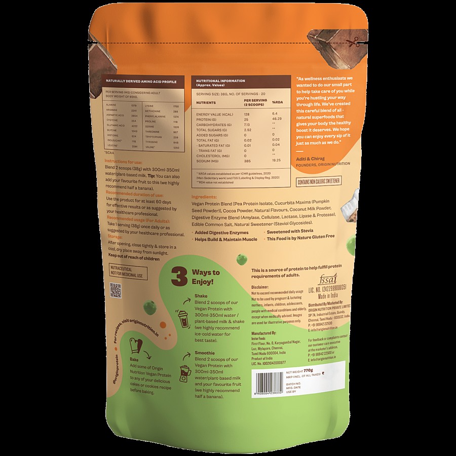 Origin Nutrition Vegan Protein Powder - Chocolate Flavour