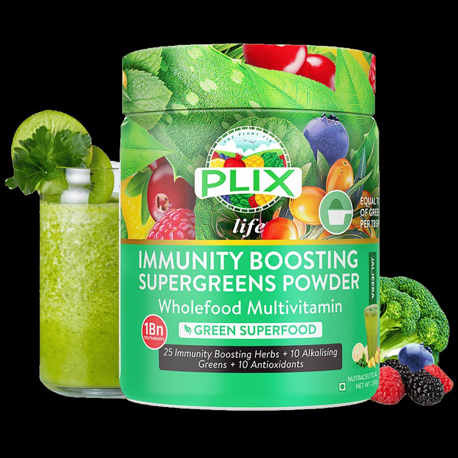 PLIX Life Immunity Boosting Supergreens Powder - Wholefood Multivitamin