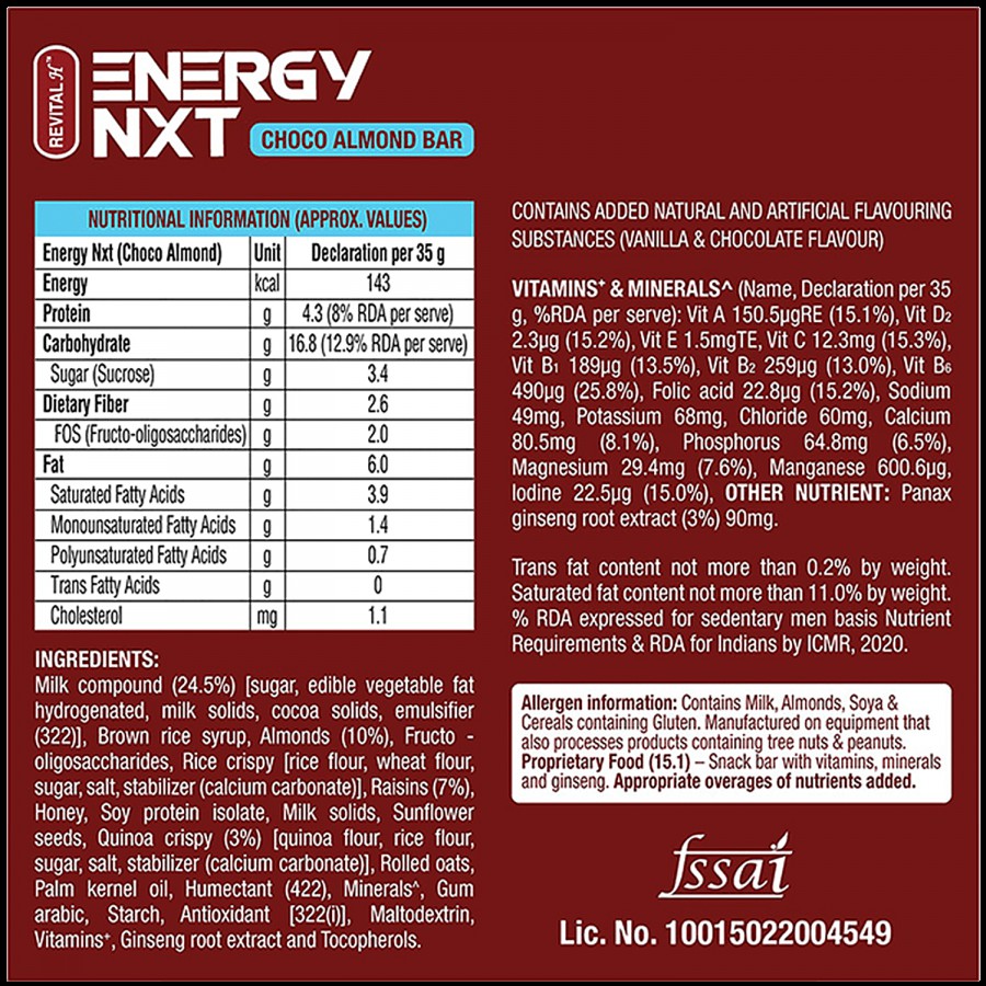 Revital Energy NXT Choco Almond Bar With Natural Ginseng - Vitamin & Mineral Rich