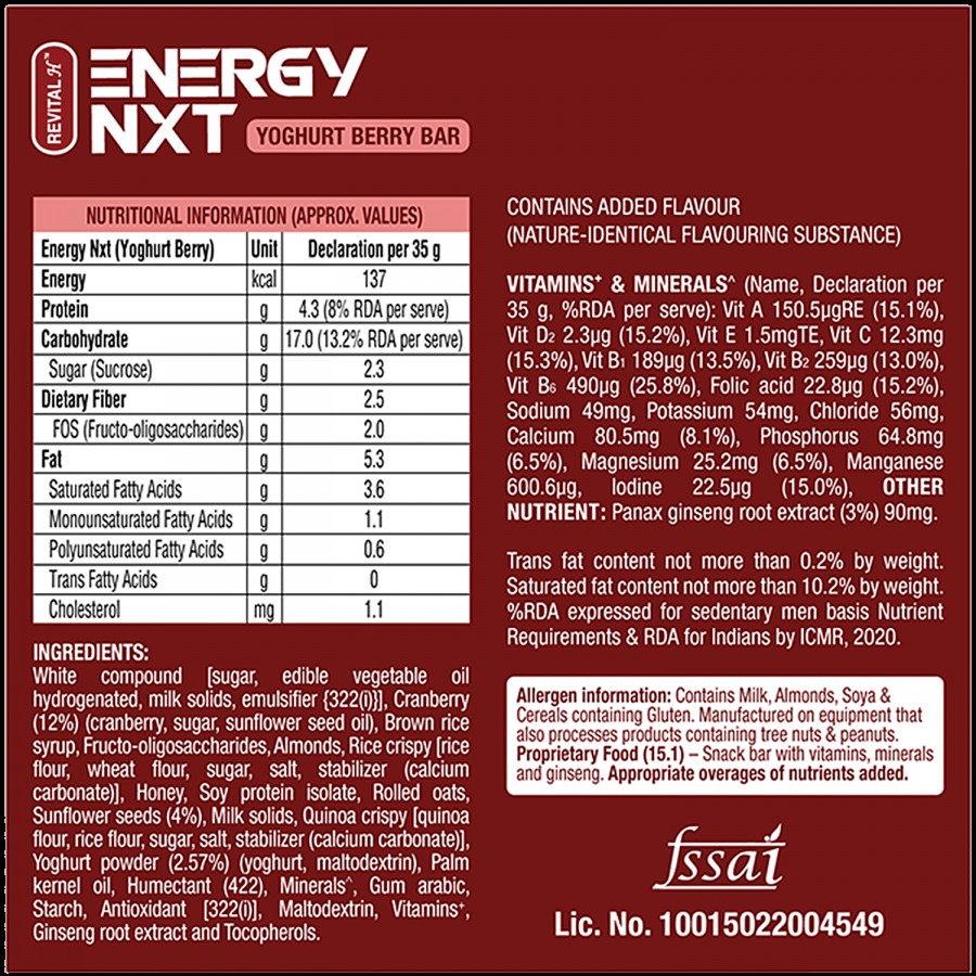 Revital Energy NXT Yoghurt Berry Bar With Natural Ginseng - Vitamin & Mineral Rich