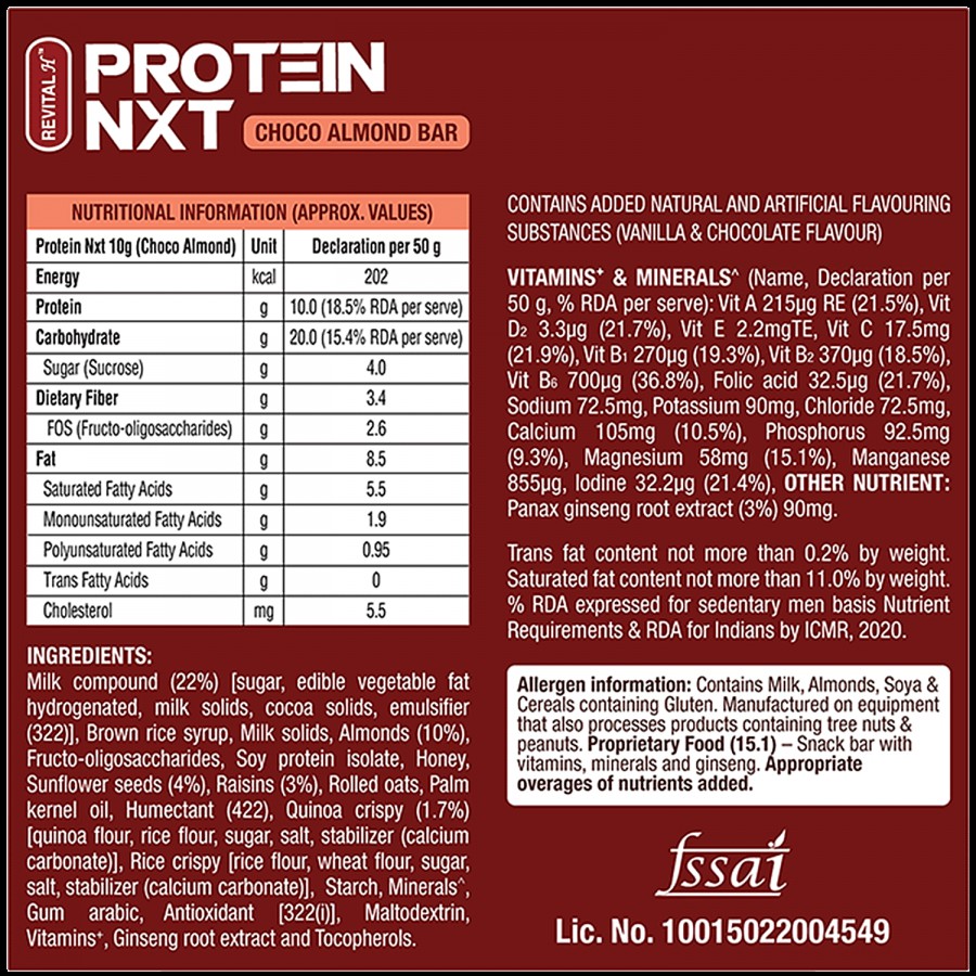 Revital Protein NXT Choco Almond Bar With Natural Ginseng - Fibre & Mineral Rich