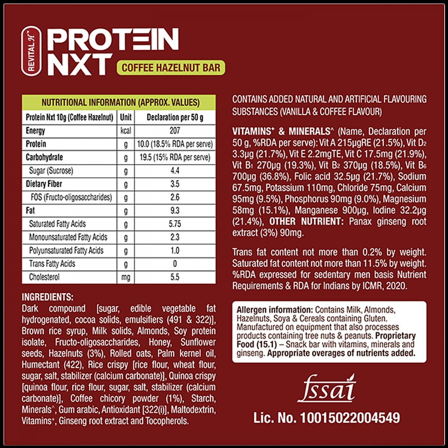 Revital Protein NXT Coffee Hazelnut Bar With Natural Ginseng - Fibre & Mineral Rich