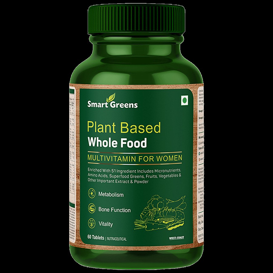 Smart Greens Plant Based Whole Food Multivitamin Tablets - Boosts Energy & Metabolism