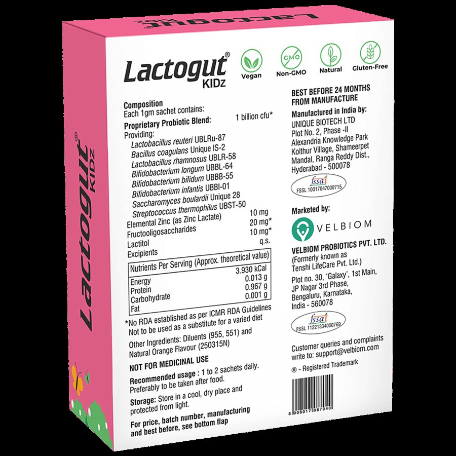 Velbiom Lactogut Kidz Pre & Probiotic Supplement - Helps Prevent Diarrhea