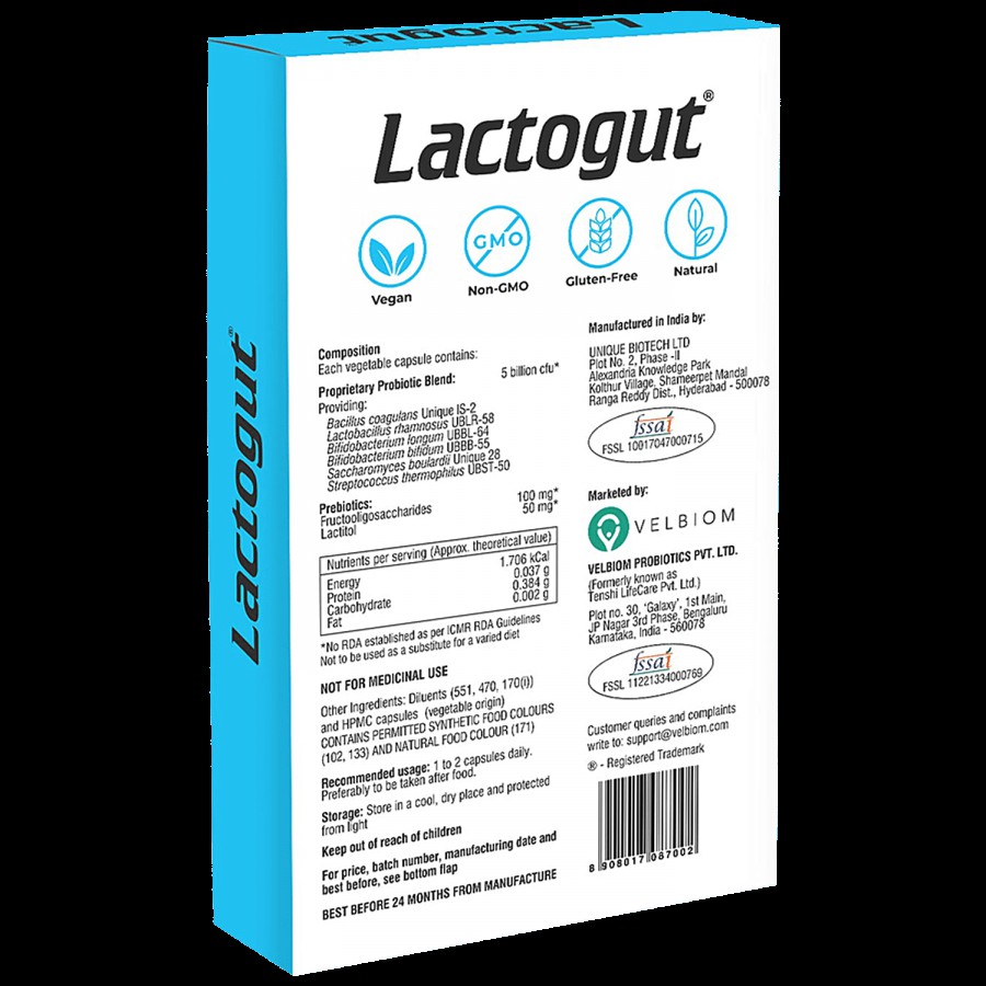 Velbiom Lactogut Pre & Probiotic Supplement Capsule - For Acute & Severe Digestive Issues