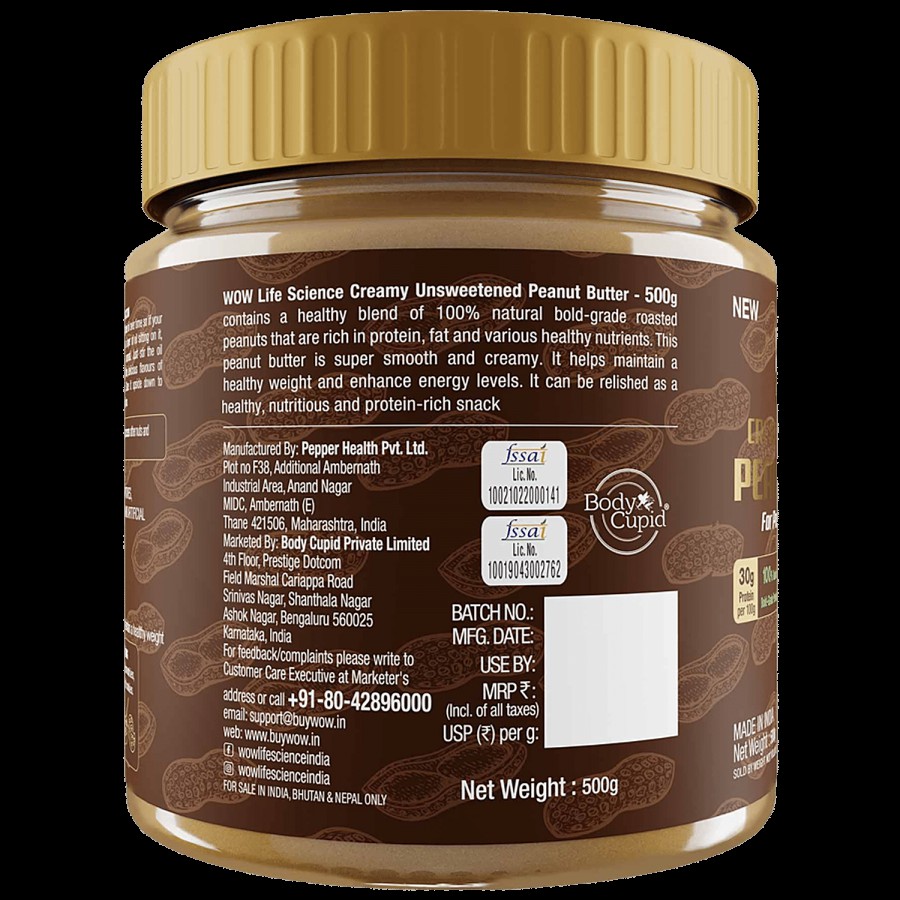 WOW Life Science  Creamy Unsweetened Peanut Butter - Natural