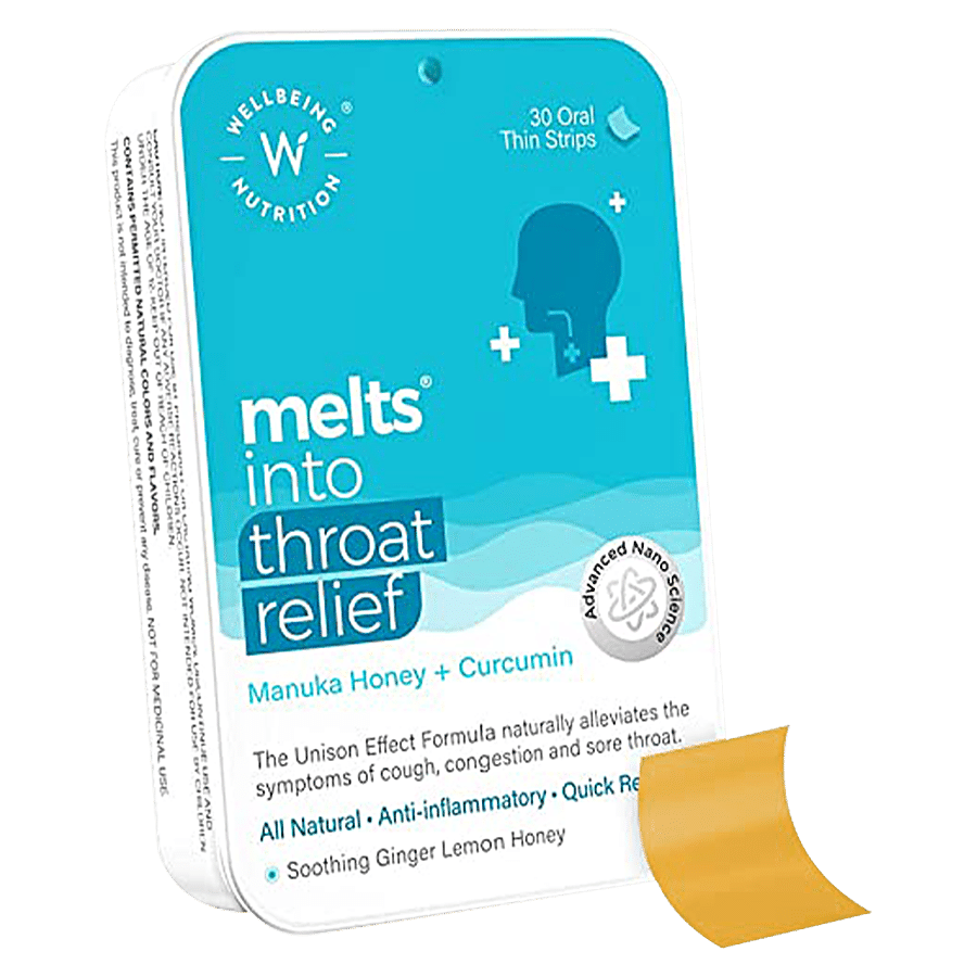 Wellbeing Nutrition Melts Instant Throat Relief Oral Thin Strips - With Soothing Ginger Lemon Honey