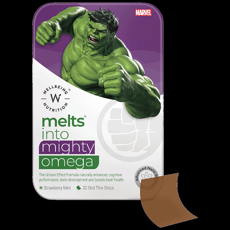 Wellbeing Nutrition Marvel Hulk Melts Kids Vegan Algae Omega-3 EPA & DHA - Strawberry Mint Flavor