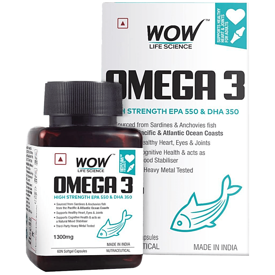 Wow Skin Science Omega 3 Fish Oil 1300mg Triple 3X Strength - 550 mg EPA & 350 mg DHA for Heart