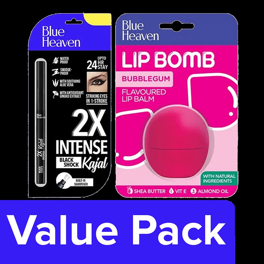 Blue Heaven 2X Intense Kajal Black Shock 0.31 g + Lip Bomb Bubble Gum Balm 8 g