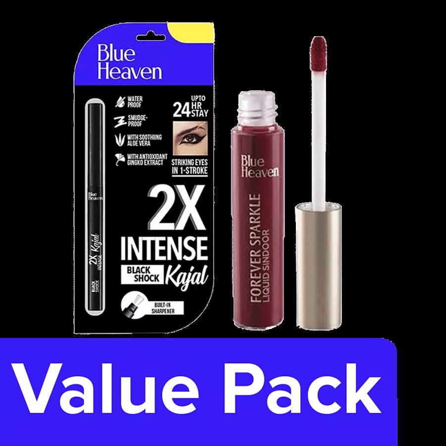 Blue Heaven 2X Intense Kajal Black Shock 0.31 g + Sparkle Liquid Sindoor 8 ml Reshmi Maroon