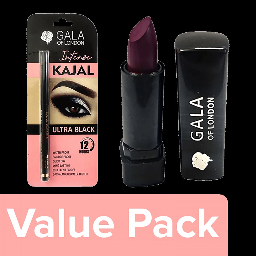 GALA OF LONDON Intense Kajal - Ultra Black 0.30 g + Mini Matte Lipstick - 10 Peppy Purple 1.2 g