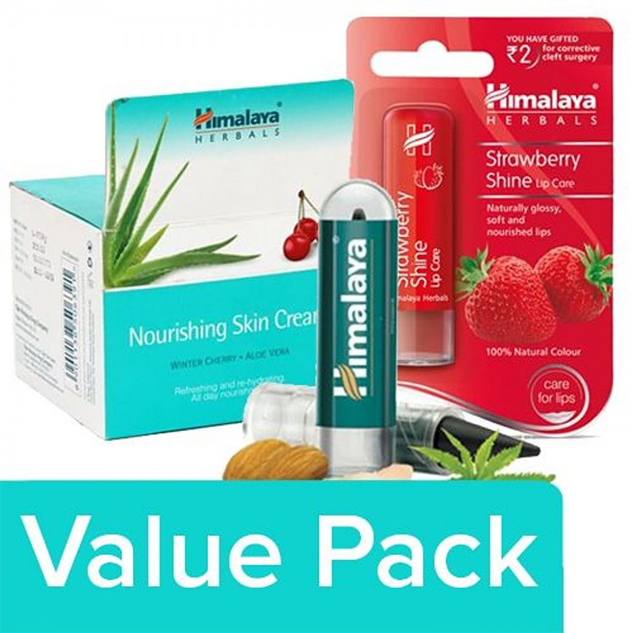 Himalaya Kajal 2.7 gm + Lip Care - Strawberry Shine 4.5 gm+Nourshing - Skin Cream 200 ml