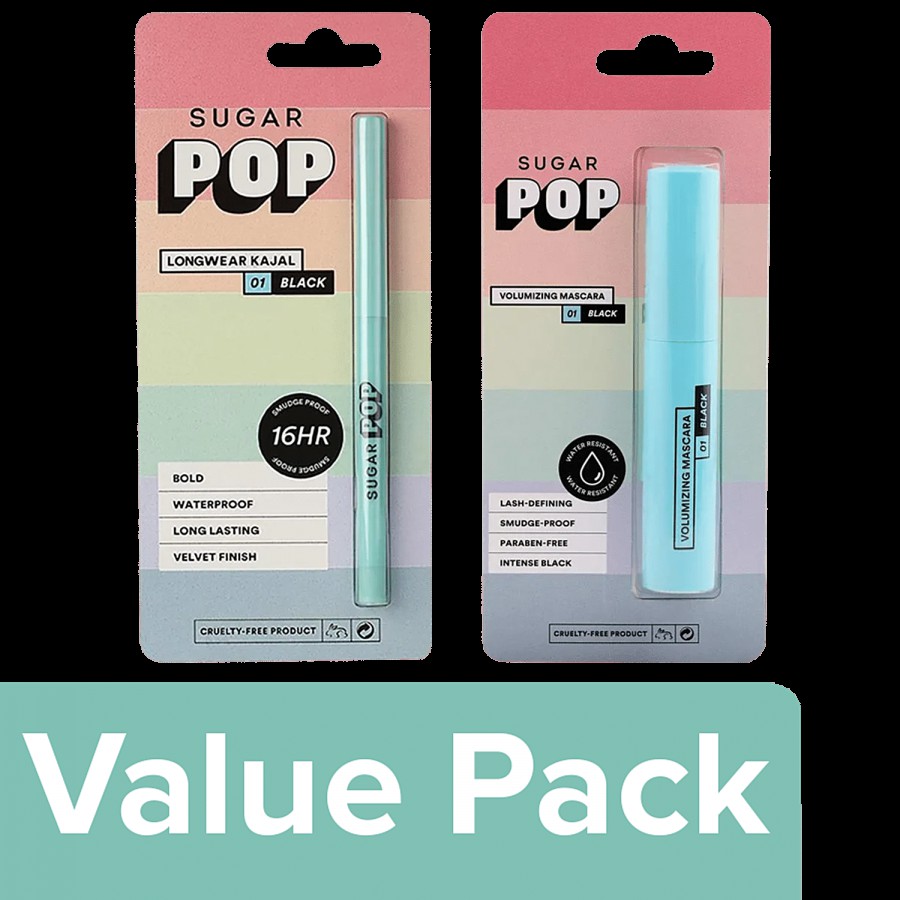 SUGAR POP Combo - Longwear Kajal - 01 Black 30 g + Volumizing Mascara 9 ml