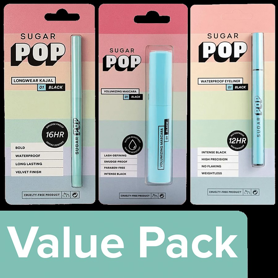 SUGAR POP Longwear Kajal Black + Volumizing Mascara + Waterproof Eyeliner Black