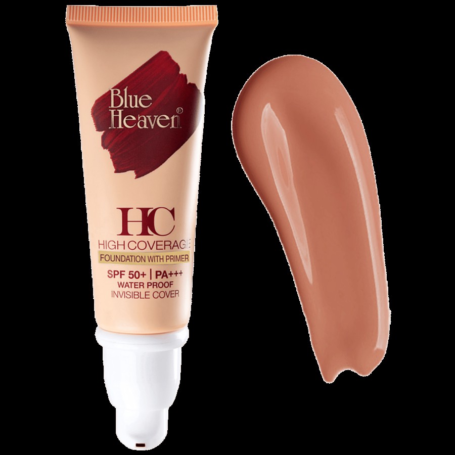 Blue Heaven High Coverage Foundation With Primer & SPF 50 ! PA+++ - Sweet Almond + Free Beauty Blender