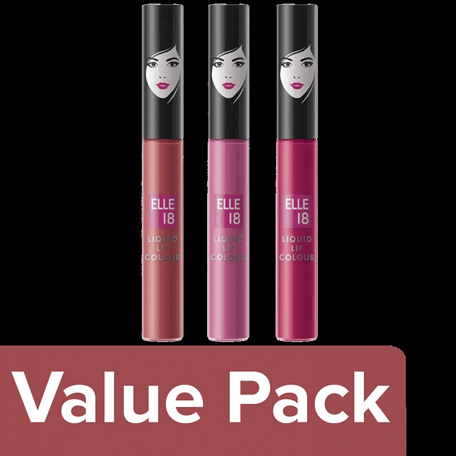 Elle 18 Liquid Lip Colour - Flattering Nude + Pink Crepe + Barn Red