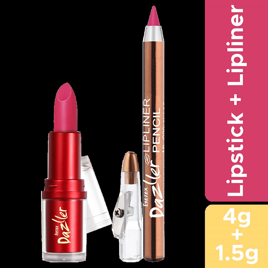 Eyetex Dazller Funky Fuschia Lipstick + Lip Liner Pencil - With Built-In Sharpener