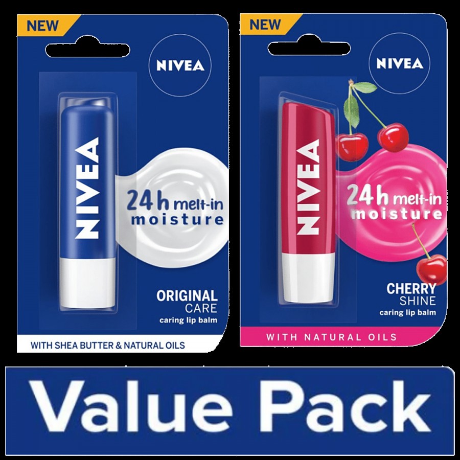 NIVEA Lip Balms: Cherry Shine + Original Care - With Natural Oils for Soft Lips