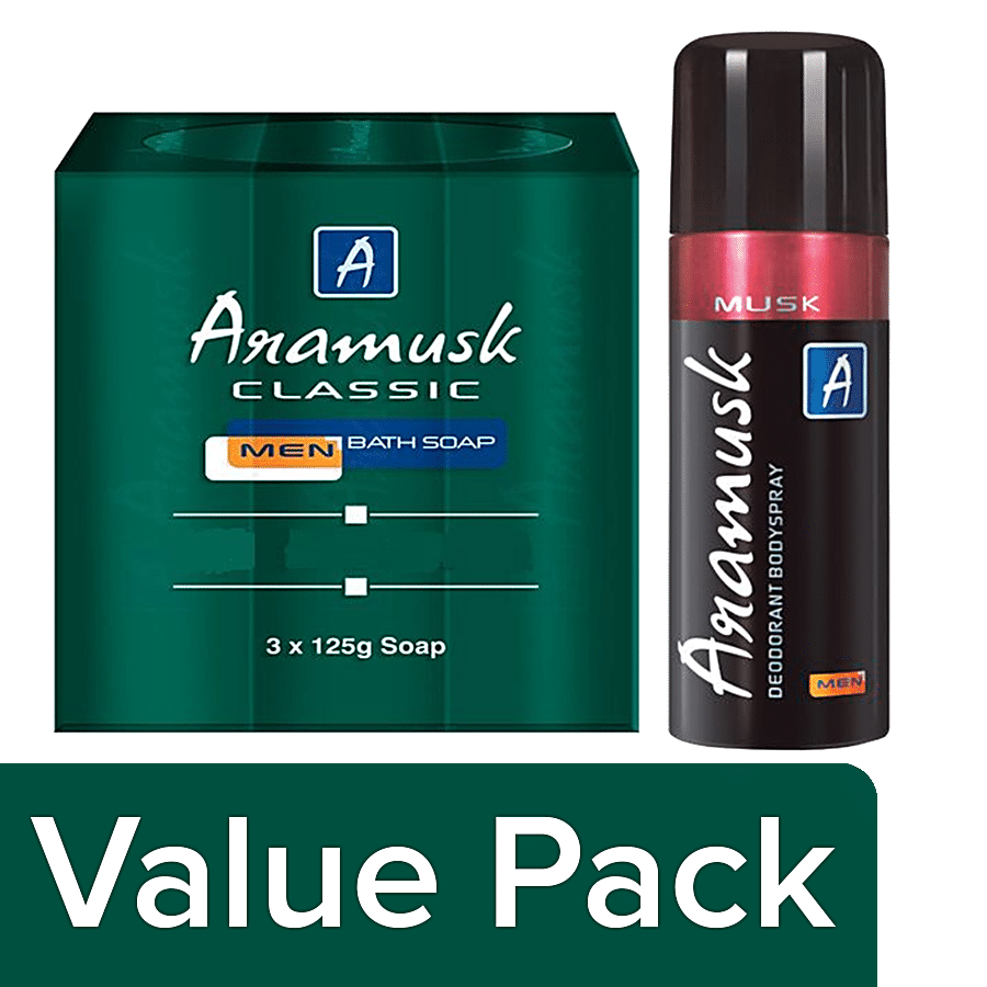 Aramusk Classic Soap 125 g Pack of 3 + Musk Deo Spray For Men 150 ml