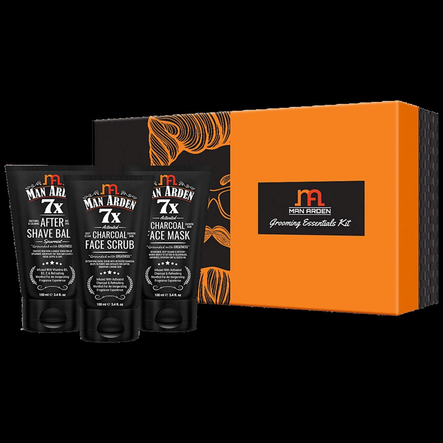 Man Arden Face Care Gift Box For Men - 7X After Shave Balm + Charcoal Face Scrub + Charcoal Face Mask