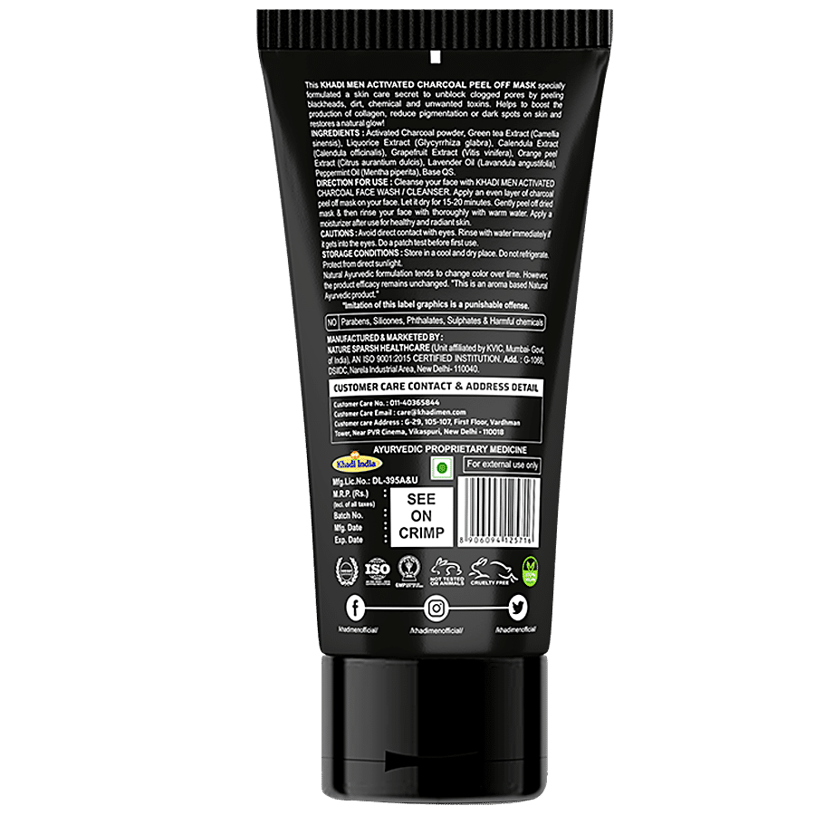 Khadi Men Activated Charcoal Peel Off Mask - With Green Tea & Orange Peel Extract