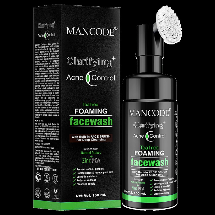 Mancode Clarifying Acne Control Tea Tree Foaming Face Wash - With Built-In Brush