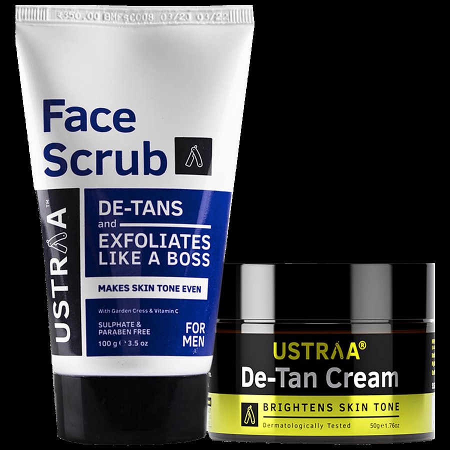 Ustraa De-Tan Cream For Men 50 g + Face Scrub De-Tan With Walnut Granules 100 g