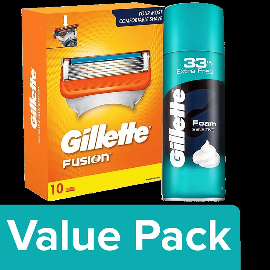 Gillette Fusion 5 Blade Shaving Cartridges 10 pcs + Classic Foam Shave - Sensitive 418 g