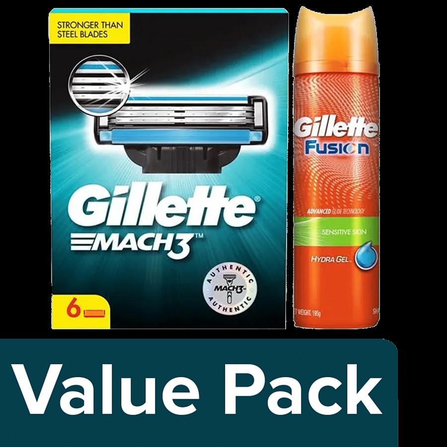 Gillette Mach 3 Shaving Blades 6Pcs + Pre Shave Gel Fusion - Hydra Gel Sensitive 195 G