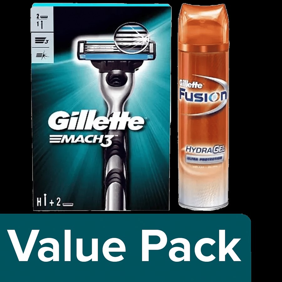 Gillette Mach3 Shaving Razor Holder+2 Shaving Blade/Cartridge 3Pcs+Fusion-Hydra Gel 195Ml