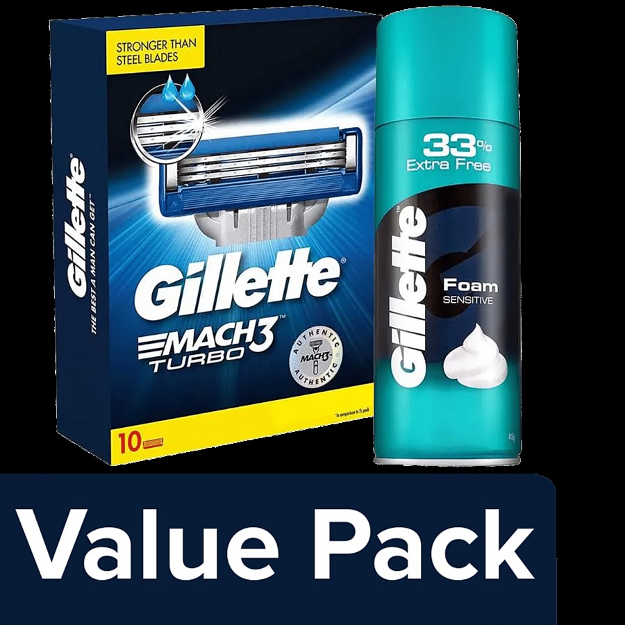 Gillette Mach 3 Turbo Bladed Cartridges 10 pcs + Classic Foam Shave - Sensitive 418 g