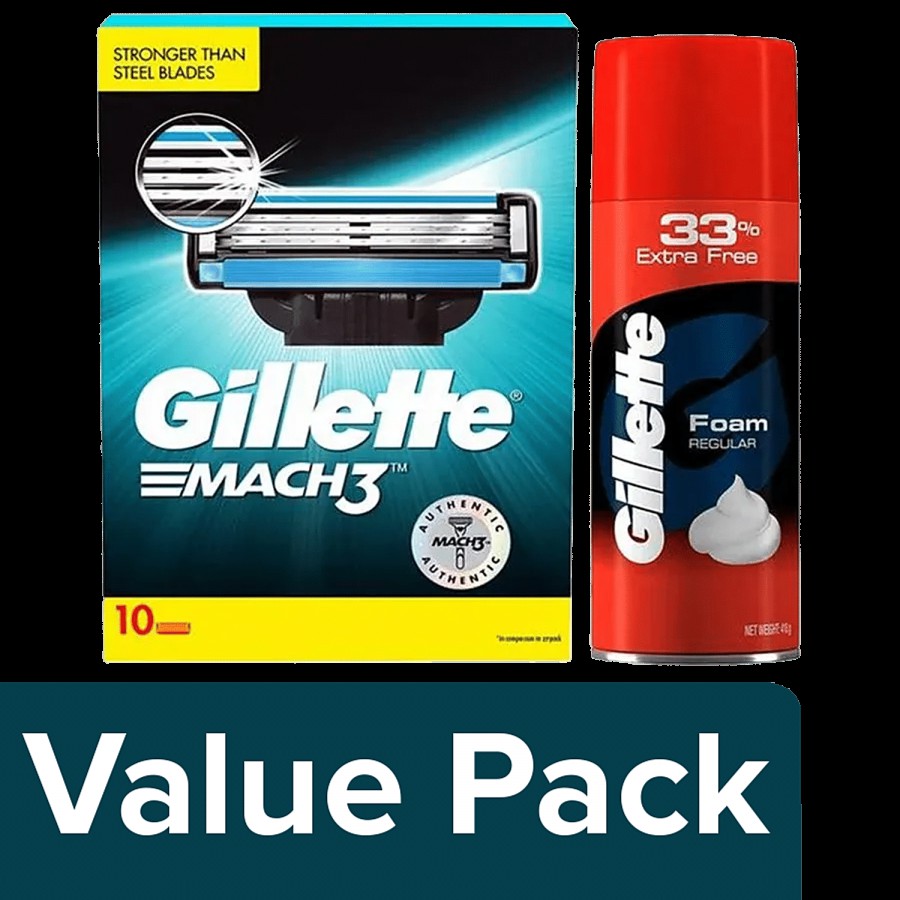 Gillette Pre Shave Foam - Classic Regular Skin 418G+Mach 3 Shaving Blades 10 Pcs