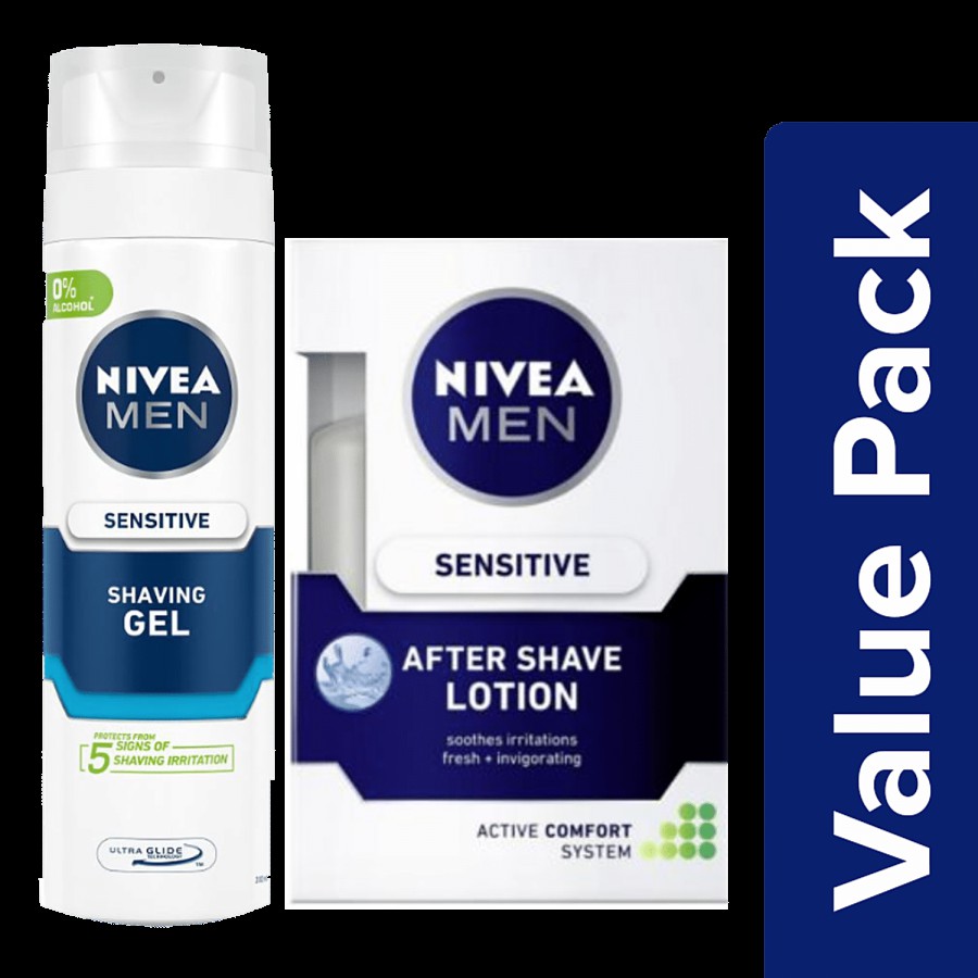 NIVEA Sensitive Shaving Combo: Shaving Gel + After Shave Lotion - Relieves Irritation