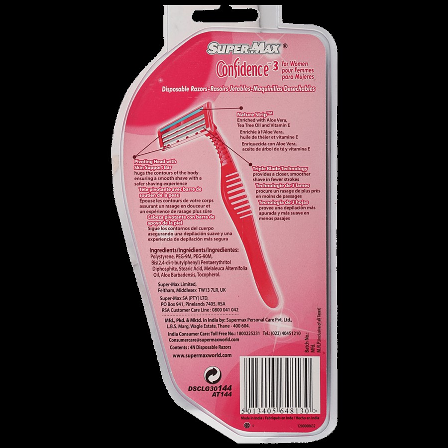 Supermax Confidence 3 Blade Women's Disposable Razor - With Aloe Vera